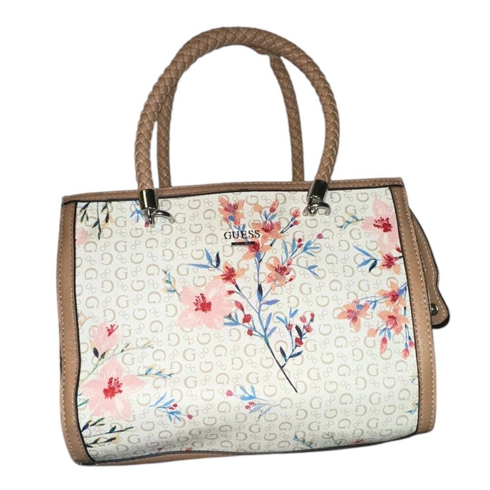 Guess Floral Logo Tote Bag in White, Tan, Pink, Blue - Picture 3 of 13